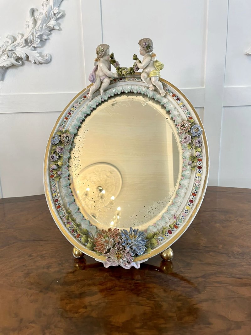 Large Antique Continental Porcelain Easel Mirror